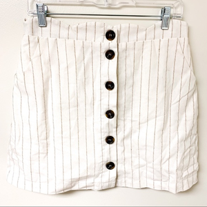 Altar’d State White Cotton Linen‎ Stripes Skirt With Scallop Trim Button Detail